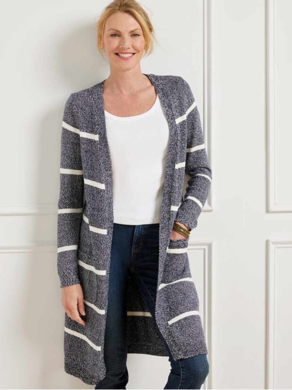 Talbots Striped Marled Duster 100% Cotton Long Cardigan - Size M